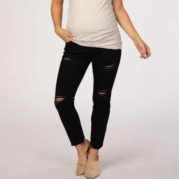 Pinkblush Denim - PinkBlush Black Distressed Denim Raw Hem Maternity Skinny Ankle Jean Size 27